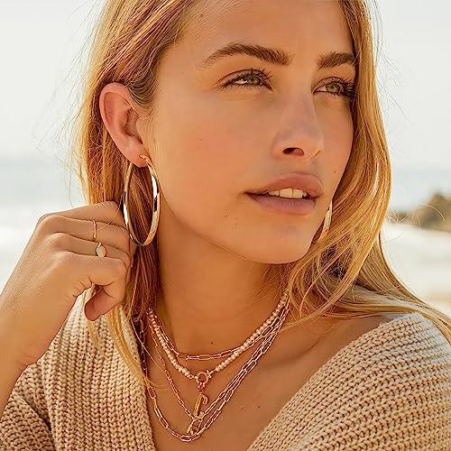 EXGOX 5mm Wide Gold Hoop Earrings for Women,Sterling Silver Hoop Earrings Large Silver Hoop Earrings Hypoallergenic Lightweight 14K Real Gold Plated Big Hoop Earrings for Women 30/40/50/60/70mm - color: Gold Color/50MM