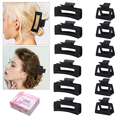 12 Pack Black Square Claw Clips, Big and Small Neutral Rectangle Hair Claw, Non-slip Matte Large Hair Clips for Women,Strong Hold jaw clip for Thick Thin Hair - color: Mixed Black