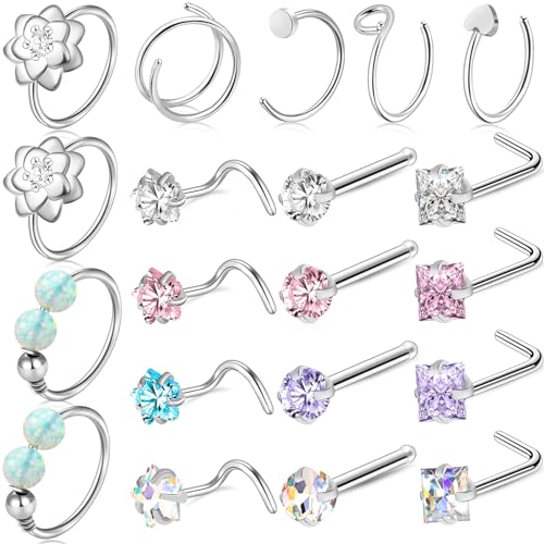 27-60 Pcs Nose Rings for Women Nose Piercing Jewelry Silver Nose Rings Studs 20G Surgical Nose Rings Hoops Nose Rings L Shaped Studs Screw Stainless Steel Nose Piercings for Women Men - color: Silver F-20 Pcs