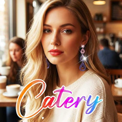 Catery Long Rhinestone Earrings Silver Pageant Earrings Dangling for Women Wedding - color: Purple Blue