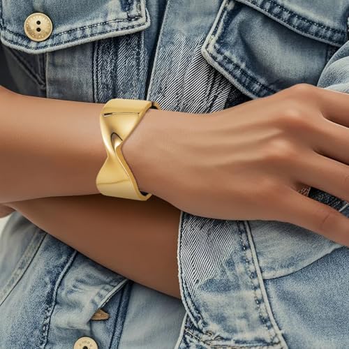 Emibele Cuff Bracelet Stack, 18K Gold-plated Open Bangle Bracelet, Teardrop Hinged Thick Wrist Chunky Bracelet Set for Women, Non Tarnish Jewelry Gift, 2 Pack - color: Gold Stack