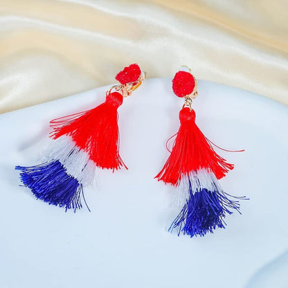 Boho Statement Tassel Earrings - Clip On Feather Dangling Fringe Earrings for Women - Non Piercing Jewelry for Vacation, Beach, Bride, Bachelorette, Costume, Prom - color: Red White Blue Clip On