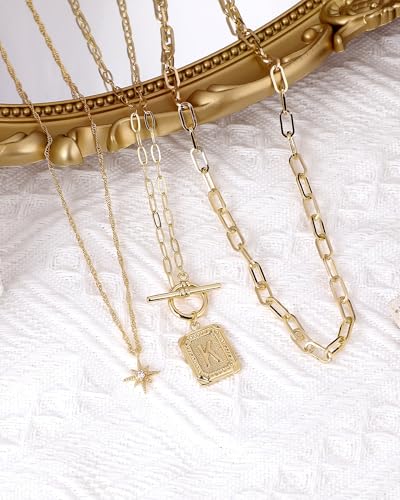 MJartoria Layered Initial Necklaces for Women | 14K Gold Plated Brass, Star Choker, Square Letter Pendant, Paperclip Chain - color: Gold, style: K