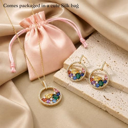 Christmas Jewelry Set for Women, 14K Gold Plated Colorful Cubic Zirconia Necklace and Earrings Set with 925 Sterling Silver Posts, Red Green Holiday Jewelry Gift for Her - color: Rainbow Halo Jewelry Set