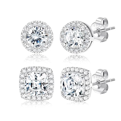 18K Gold Plated Halo Stud Earrings 925 Sterling Silver Cubic Zirconia Stud Earrings Round Square Diamonique Stud Earrings Set for Women Men - color: Silver1