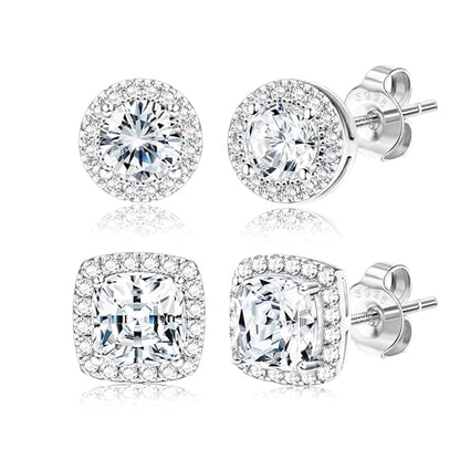 18K Gold Plated Halo Stud Earrings 925 Sterling Silver Cubic Zirconia Stud Earrings Round Square Diamonique Stud Earrings Set for Women Men - color: Silver1