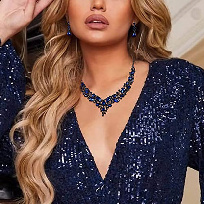 Women's Wedding Statement Necklace Dangle Earring Jewelry | Austrian Crystal Teardrop Cluster,Necklaces Earrings Set for Bride Bridesmaid,Prom Accessories - color: 07-Navy Blue Black-Tone