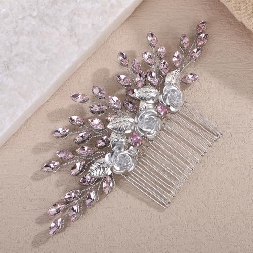 3D Flower Hair Comb with Pink Crystal for Wedding Brides Women Banquet Prom Hair Piece Handmade Silver Side Headpiece (Pink) - color: Pink
