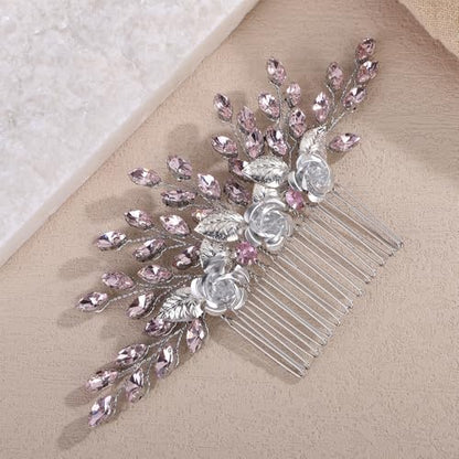 3D Flower Hair Comb with Pink Crystal for Wedding Brides Women Banquet Prom Hair Piece Handmade Silver Side Headpiece (Pink) - color: Pink