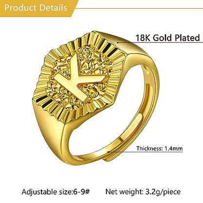 U7 Initial Ring Wedding Band for Men Women 18K Gold Plated Statement Hexagon A-Z Letter Jewelry Personalized Stackable Signet Rings - color: K