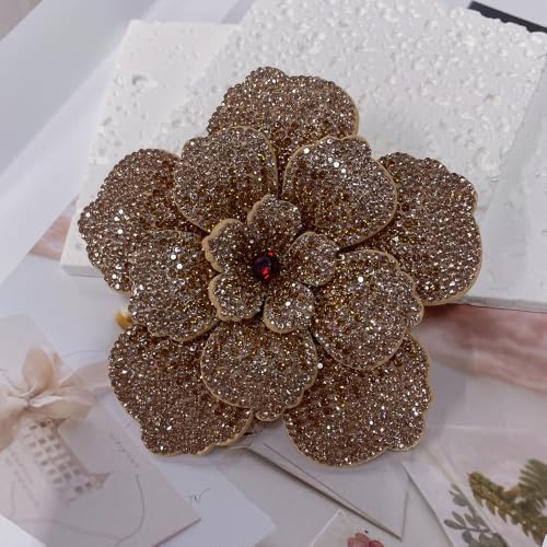 Rhinestone Flower Brooch Pin for Women Men Elegant Sparkly Crystal Camellia Floral Lapel Pins Shawl Dress Suit Clothes Accessories Wedding Party Fashion Jewelry 105mm - color: Champagne Brown