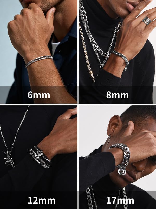 ChainsHouse Stainless Steel Cuban Link Bracelet, 6mm/8mm/12mm/17mm Width, 7.5"/8.3"/9", Black/ 18K Gold Plated Chain Wrist Bracelets for Men Women, Send Gift Box - color: A: Steel-8mm width