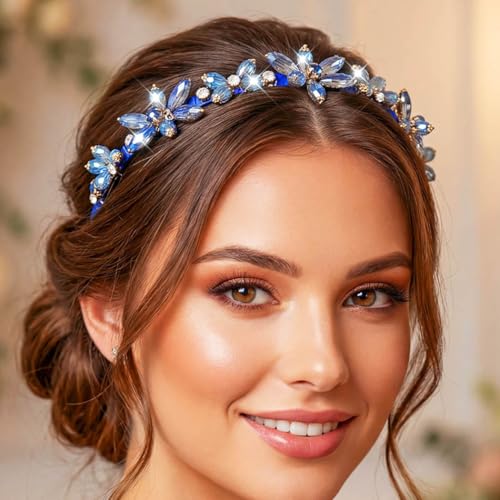 Campsis Blue Crystal Floral Hair Band Bridal Rhinestone Headband for Women | Sapphire Hair Band Jeweled Sparkly Headpiece Prom Banquet Hair Accessory