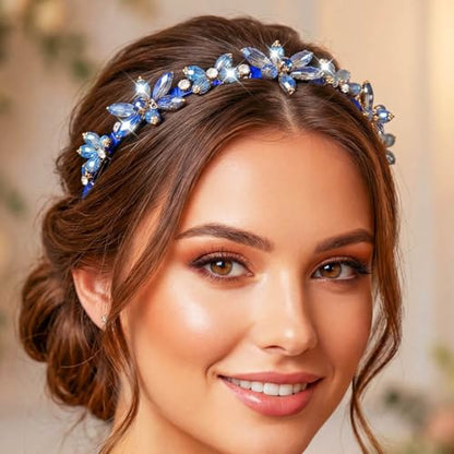 Campsis Blue Crystal Floral Hair Band Bridal Rhinestone Headband for Women | Sapphire Hair Band Jeweled Sparkly Headpiece Prom Banquet Hair Accessory