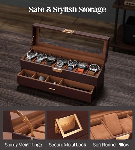 Watch Cases Box for Men 7 Slots Display Case with Jewelry Bottom | Watches Storage Organizer 2 Layer Pu Leather Collection Holder Gift for Dad Husband with Real Glass Lid Brown - size: 7 Slots, Brown