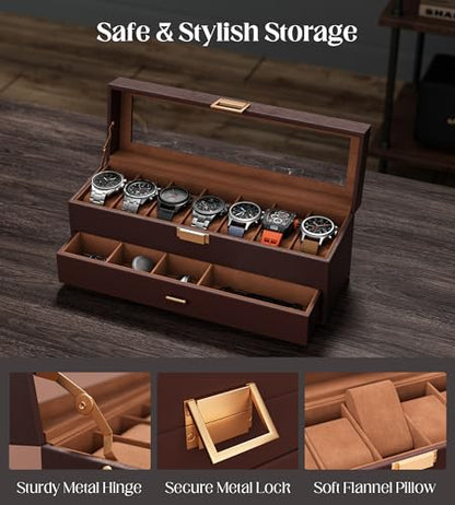 Watch Cases Box for Men 7 Slots Display Case with Jewelry Bottom | Watches Storage Organizer 2 Layer Pu Leather Collection Holder Gift for Dad Husband with Real Glass Lid Brown - size: 7 Slots, Brown