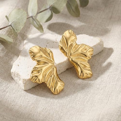 Jean Beau Chunky Gold Stud Earrings for Women Trendy Gold Plated Dangle Drop Prom Birthday Fashion Office Jewelry Gift - color: Gold Flower