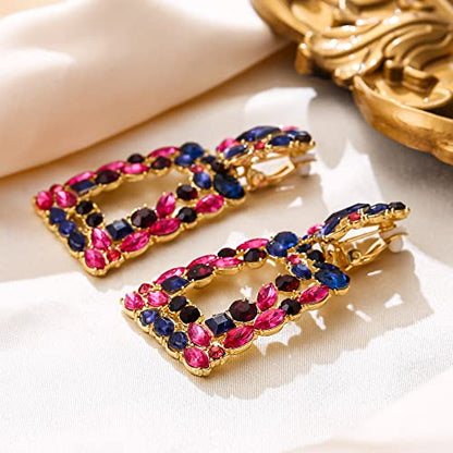 Flyonce Rectangle Clip-on Drop Earrings for Women, Sparkly Rhinestone Crystal Geometric Statement Non Pierced Earring Wedding Prom Party Jewelry for Brides Bridesmaid - color: Blue w/ Fuchsia