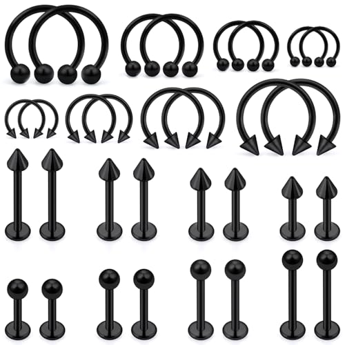 Lip Rings 32PCS Labret Jewelry Monroe Lip Barbell Ring Snake Bite Piercing Jewelry 16G Helix Earring Daith Tragus Cartilage Studs Surgical Steel Piercing Jewelry for Women Men - color: 32pcs,16 gauge,black