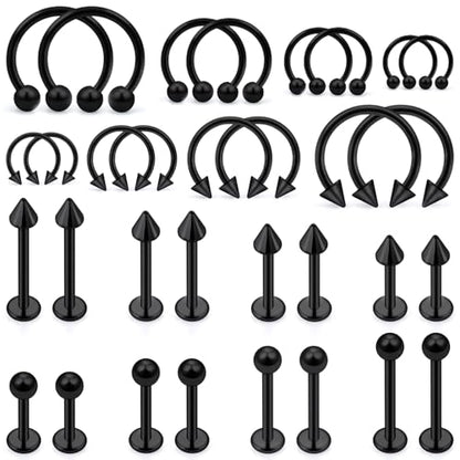 Lip Rings 32PCS Labret Jewelry Monroe Lip Barbell Ring Snake Bite Piercing Jewelry 16G Helix Earring Daith Tragus Cartilage Studs Surgical Steel Piercing Jewelry for Women Men - color: 32pcs,16 gauge,black