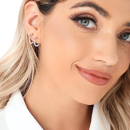 3 Pairs 925 Sterling Silver Hoop Earrings 14K White Gold Plated Small Silver Hoops Cartilage Huggie Earrings for Women Men - color: G-3 Colors 10mm