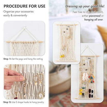 Hanging Jewelry Mesh Organizer with 20 Pieces S Shape Hooks | Macrame,Wall Mounted,Necklaces Storage,Earring Display Rack,Girls Hair Clips Hanger,for Bracelets and Rings, Beige - color: beige