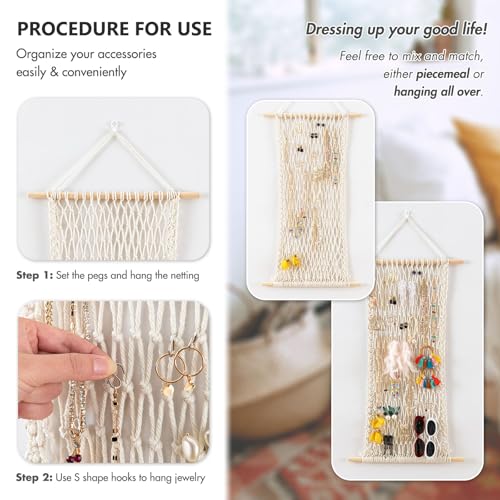 Hanging Jewelry Mesh Organizer with 20 Pieces S Shape Hooks | Macrame,Wall Mounted,Necklaces Storage,Earring Display Rack,Girls Hair Clips Hanger,for Bracelets and Rings, Yellow Cotton - color: Yellow cotton