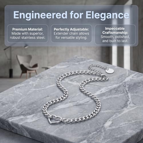 Stainless Steel O Ring Choker Necklace for Women Men Chunky Cuban Chain Collar Punk Statement Jewelry Gift for Edgy Streetwear & Aesthetic Outfits - color: Silver 1 heart