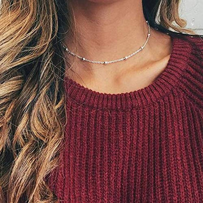 MEVECCO Dainty Choker Necklaces for Women, Beaded and Multi-Row Chains | 14K Gold Plated Brass, Select Silver Plated Brass Options, Polished And Textured Profiles For Everyday Styling - style: Beaded SLiver