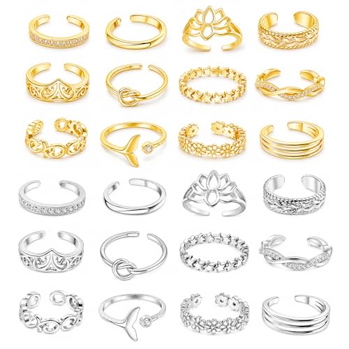 12PCS Toe Rings for Women 14K Gold/Silver Plated Adjustable Toe Ring Set Open Heart Arrow Infinity Rings Beach Foot Jewelry for Summer - color: Set2