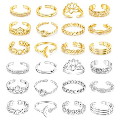 12PCS Toe Rings for Women 14K Gold/Silver Plated Adjustable Toe Ring Set Open Heart Arrow Infinity Rings Beach Foot Jewelry for Summer - color: Set2
