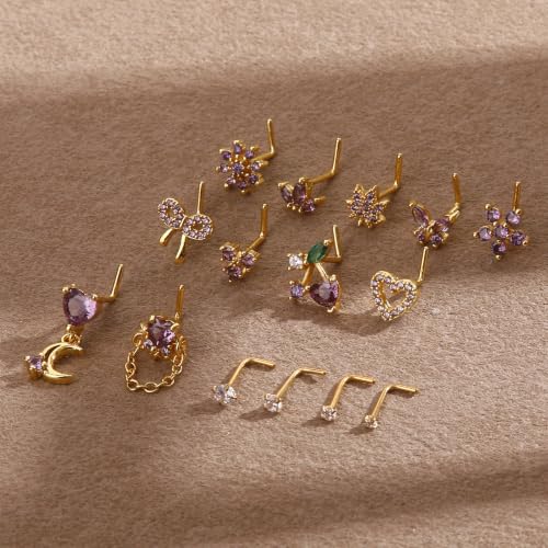 BSJ4U Nose Rings L Shaped for Women Nose Piercings 20G Surgical Stainless Steel Nose Studs CZ Heart Butterfly Flower Cherry Bow Moon Dangle Nose Piercing Jewelry - color: Gold Purple Nose Rings