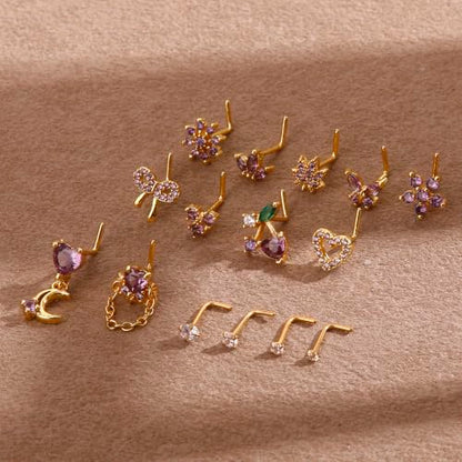 BSJ4U Nose Rings L Shaped for Women Nose Piercings 20G Surgical Stainless Steel Nose Studs CZ Heart Butterfly Flower Cherry Bow Moon Dangle Nose Piercing Jewelry - color: Gold Purple Nose Rings