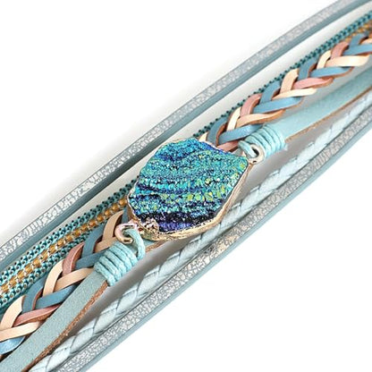 Fesciory Leather Wrap Bracelet for Women, Boho Western Layered Cuff Jewelry | Stackable Bracelets, Easy-On Clasp, Daily Wear, Pairs with Boho Western Outfits, Gift for Women - color: Blue2