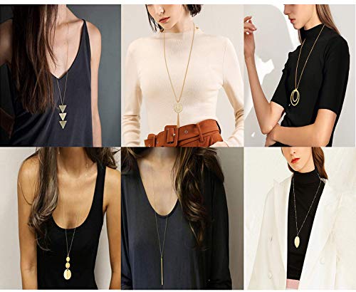 Fesciory 6 PCS Long Pendant Necklace for Women, Gold Bar Circle Leaf Triangle Tassel Y Necklace Set | Gold Plated Bar, Circle, Leaf, Triangle and Disc Pendant, Adjustable Fit, Long Necklace Jewelry Gifts for Loves - color: Set 1