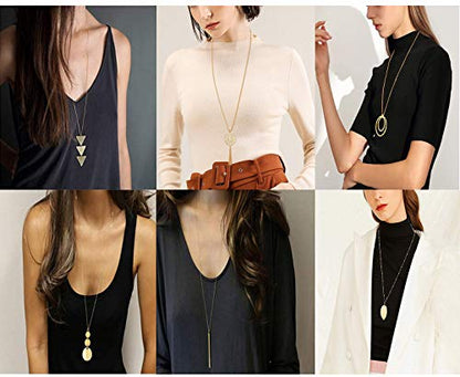 Fesciory 6 PCS Long Pendant Necklace for Women, Gold Bar Circle Leaf Triangle Tassel Y Necklace Set | Gold Plated Bar, Circle, Leaf, Triangle and Disc Pendant, Adjustable Fit, Long Necklace Jewelry Gifts for Loves - color: Set 1
