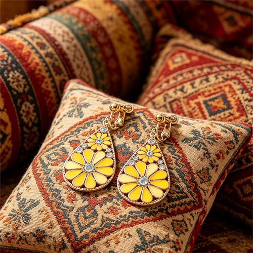 6 Pairs Bohemian Copper Crystal Teardrop Clip On Earrings for Women Handmade Colorful Enamel Floral Dangle Drop Earrings Retro Tribal Style Geometric Design Jewelry Gifts - color: Gold