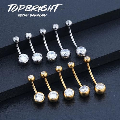 TOPBRIGHT G23 Titanium 14G Belly Button Rings - Internally Threaded Curved Barbell Hypoallergenic Navel Piercing Jewelry Gold Silver 2Pcs Set for Women 6mm 8mm 10mm 12mm 14mm 16mm - color: Silver&Gold-12mm bar
