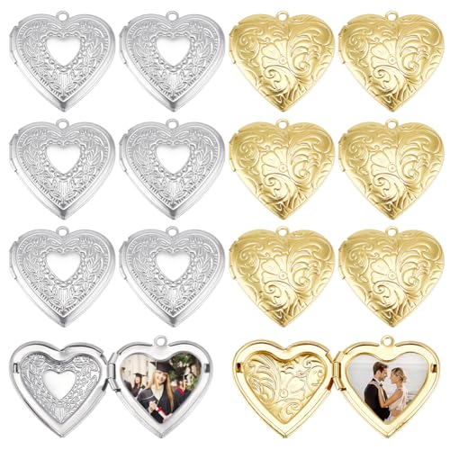 AHANDMAKER 12Pcs 2 Colors Heart Locket Pendants Hearts Photo Frame Charms Brass Love Wedding Photo Charms for DIY Memorial Graduation Valentine's Birthday 29x29x7mm (Golden, Stainless Steel Color)