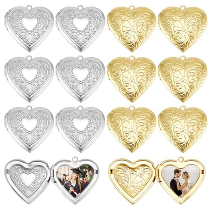 AHANDMAKER 12Pcs 2 Colors Heart Locket Pendants Hearts Photo Frame Charms Brass Love Wedding Photo Charms for DIY Memorial Graduation Valentine's Birthday 29x29x7mm (Golden, Stainless Steel Color)
