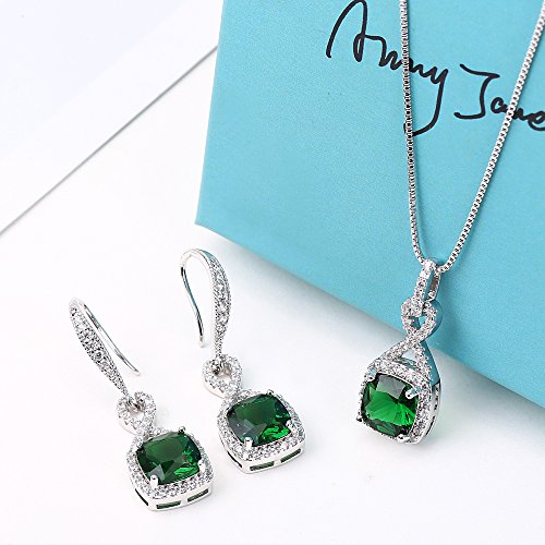 AMYJANE Crystal Jewelry Set for Women - Sterling Silver Square Cubic Zirconia CZ Bridal Pendant Necklace Earrings Set for Wedding Bride Bridesmaids Birthstone Fashion Jewelry Set - color: Emerald
