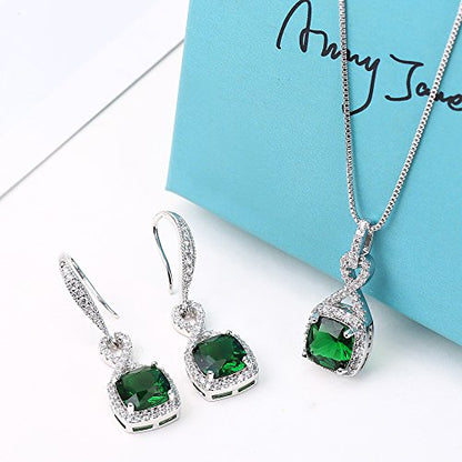 AMYJANE Crystal Jewelry Set for Women - Sterling Silver Square Cubic Zirconia CZ Bridal Pendant Necklace Earrings Set for Wedding Bride Bridesmaids Birthstone Fashion Jewelry Set - color: Emerald