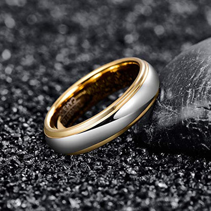 NUNCAD Men Women Tungsten Wedding Engagement Band | 4/6/8mm Two-tone Gold Silver, Domed Polished Step Edges, sizes 5-12 Wedding Band - color: 6mm-Gold & Silver