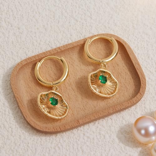 Sonateomber Gold Silver Small Hoop Dangle Earrings for Women, Trendy Dainty Rhinestone CZ Dangling Prom Wedding Leaf Flower Snowflake Butterfly Starfish Fashion Jewelry Gift - color: Shell
