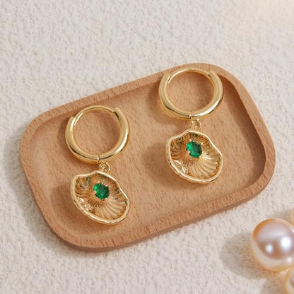 Sonateomber Gold Silver Small Hoop Dangle Earrings for Women, Trendy Dainty Rhinestone CZ Dangling Prom Wedding Leaf Flower Snowflake Butterfly Starfish Fashion Jewelry Gift - color: Shell