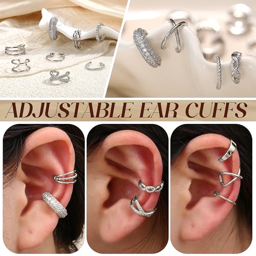 12Pcs Ear Cuff Earrings for Women Non Piercing 14K Gold Plated Ear Cuffs Non Pierced Clip on Cartilage Earring Adjustable Fake Earrings - color: Silver Ear Cuffs