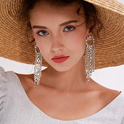 Fashion Women Earrings Silver Tassel Full Rhinestones Ring Long Chain Drop Dangle Earrings Jewelry for Women