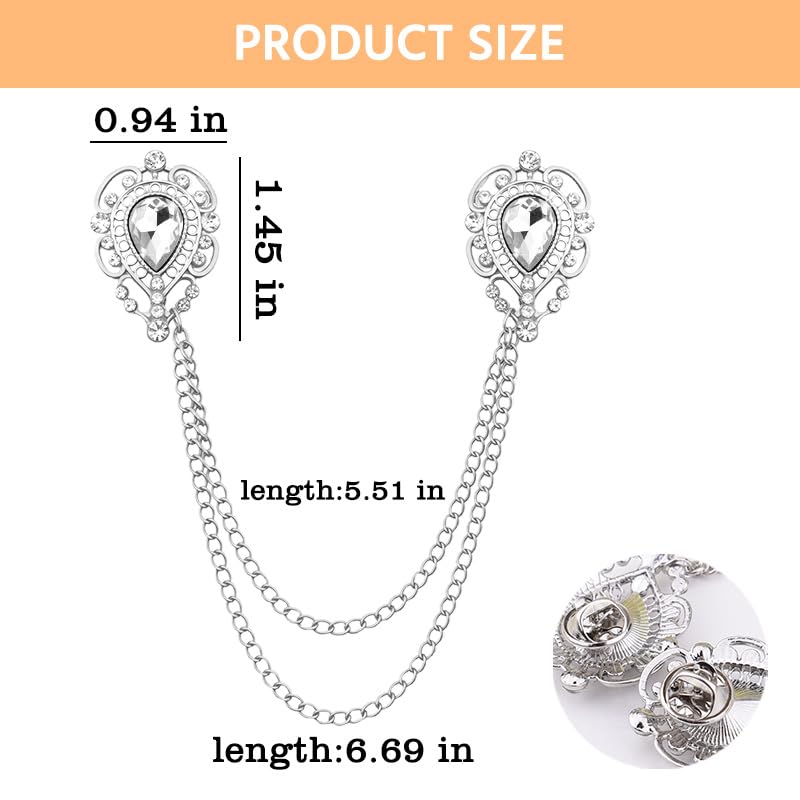 Teardrop Rhinestone Brooch Mens Lapel Pins for Shirt Collar Hanging Chain Brooch Suit Pin Crystal Rhinestone Lapel Pins for Men - color: White-J