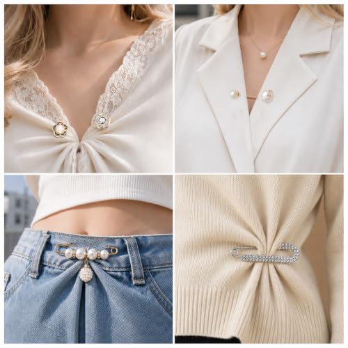 cobee 24 Pcs Pearl Brooch Pins, Crystal Safety Pin Button with Storage Box | Pant Waist Tightener Clip Sweater Shawl Hat Clips for Women Clothing Dress Cardigan Scarf Bag