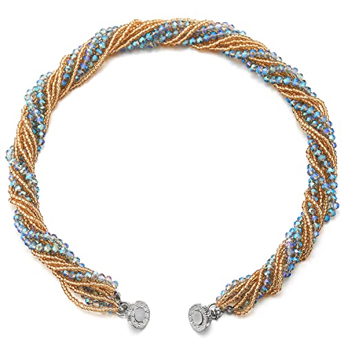 COOLSTEELANDBEYOND Multi-Layer Beads Crystal Braided Chain Choker Collar Magnetic Clasp,Statement Necklace, Bracelet - color: Q-Necklace Champagne & Blue Color
